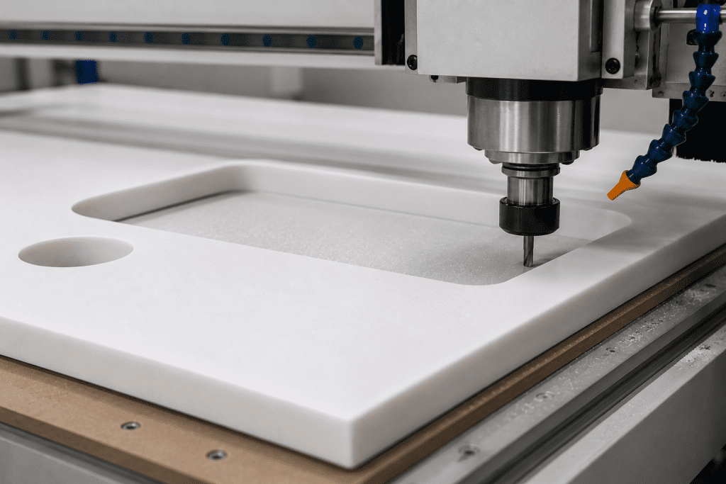 CNC router machining acrylic solid surface for precision fabrication and custom detailing
