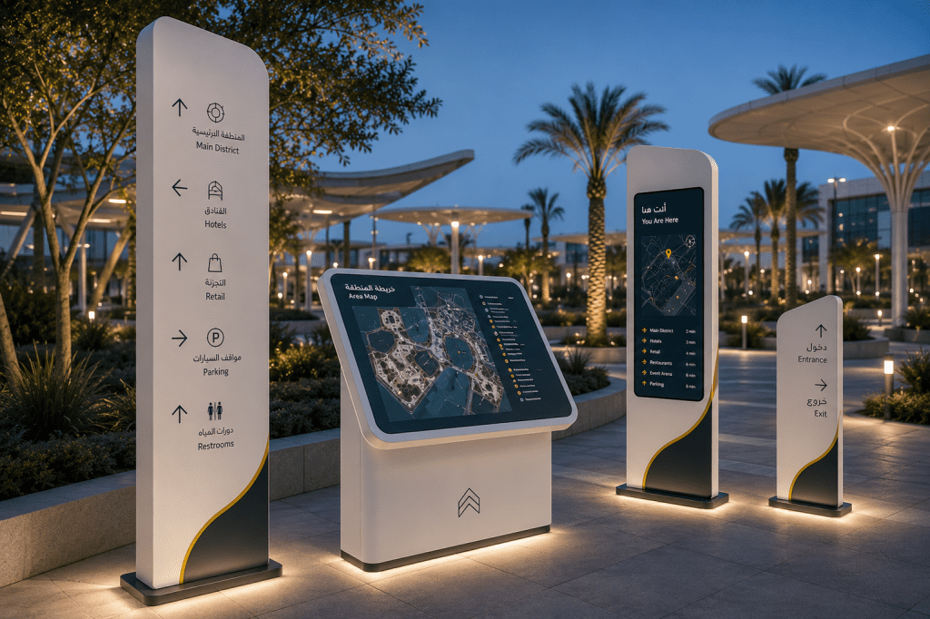 Completed architectural solid surface wayfinding signage in a public space.
