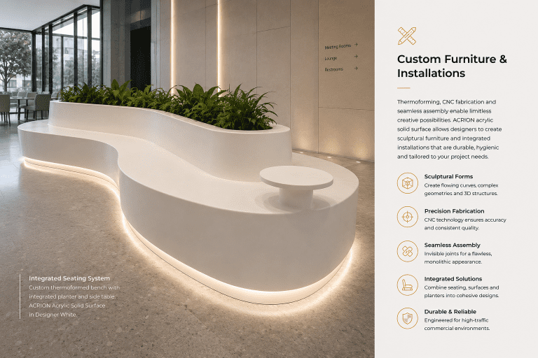 Custom thermoformed acrylic solid surface seating system with integrated architectural design