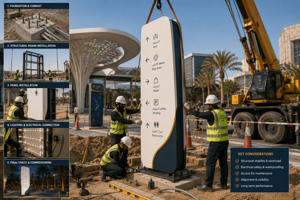 Installation of a freestanding solid surface wayfinding sign.