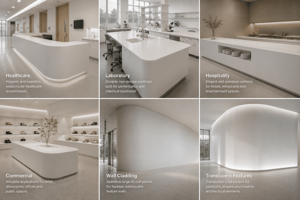 Acrylic solid surface applications in healthcare, laboratory, hospitality, commercial, wall cladding and translucent architectural environments.