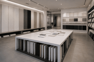 Acrylic solid surface color collection and material display wall inside a professional showroom