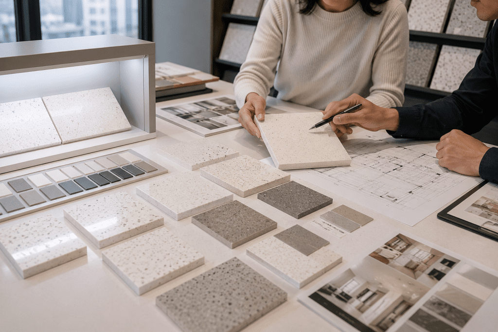 Design team reviewing solid surface color matching samples for an architectural project