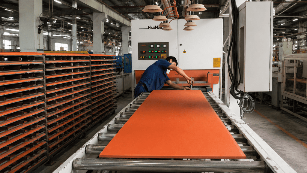 Quality control inspection of solid surface sheets during manufacturing and production assessment