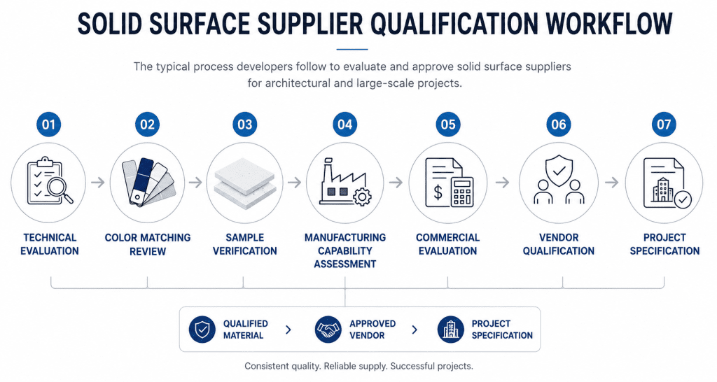 Developer qualification workflow for evaluating and approving solid surface suppliers for architectural projects