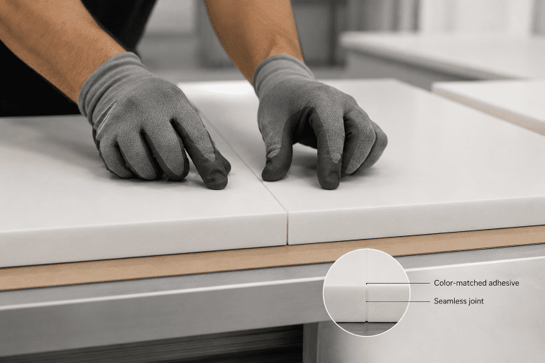 Color-matched adhesive system used for seamless jointing of acrylic solid surface panels
