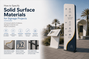 Architectural solid surface wayfinding signage system for commercial and public realm projects.