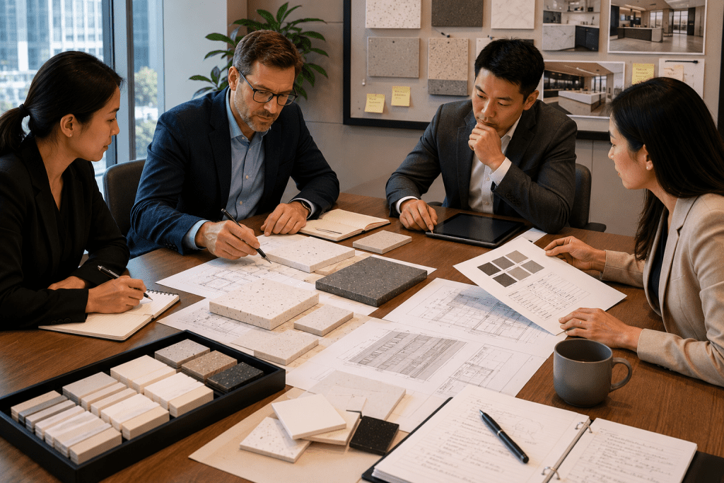 Developer team reviewing solid surface samples and supplier qualifications for an architectural project